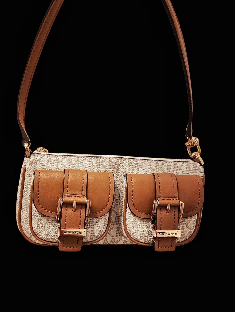 Michael Kors Tan & Beige Logo Double Pocket Shoulder Bag